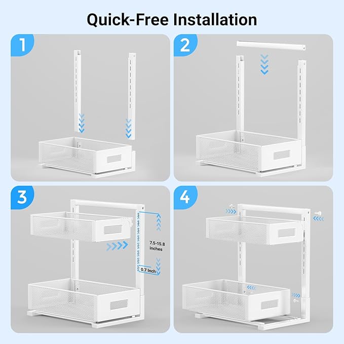 Pull-out Under Sink Organizer – Height Adjustable Metal Storage for Kitchen & Bathroom (White)