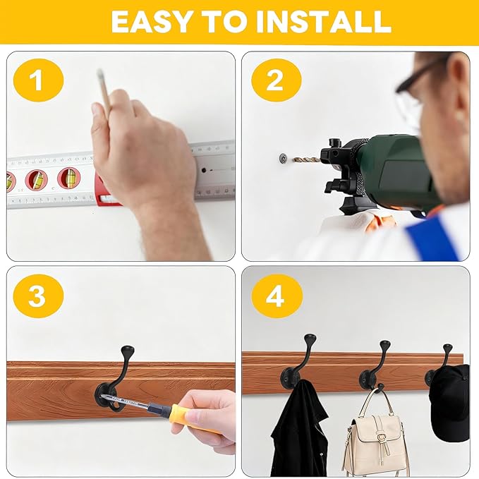 6 Pack Wall Hooks for Hanging, Heavy Duty Coat Hook Wall Mount, Easy to Install Metal Closet Hooks, Apply to Bathrooms, Bedrooms, Living Rooms, Entrances (Black)
