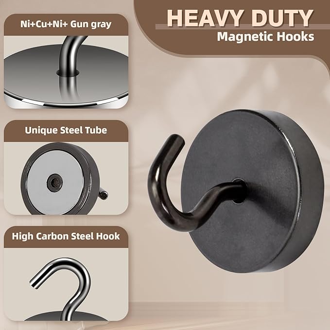 Neosmuk Magnetic Hooks, Cruise Ship Essentials, 10lb+ Heavy Duty Magnetic Hooks for Cruise Cabins, Refrigerator, Grill, Hanging, and Travel | Extra Strong Must-Haves Magnet Hook,Gunmetal