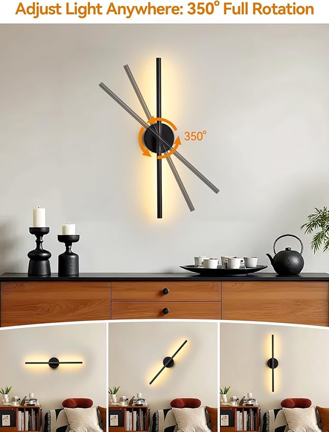 Battery Operated Wall Sconces Set of 2, Rechargeable LED Wall Lights with Remote & Touch Control, 350° Rotatable, 30 Inch Black Dimmable & Timer Modern Wireless Wall Lamps for Bedroom Living Room