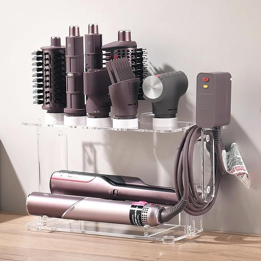 Hair Tool Holder for Dyson Airwrap Attachments, Storage Holder Compatible with Shark FlexStyle FlexFusion, Acrylic Display Rack Countertop Organizer Wall Mount for Hair Stylers, Clear&White