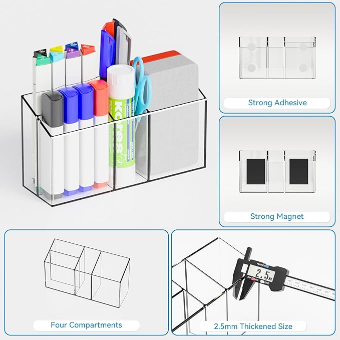 Yieach Magnetic Whiteboard Marker Holder - And With Adhesive for Wall- Non Slip Acrylic Expo Magnetic Cup for Dry Erase Markers,4 Compartment Clear Magnet Pen Holder for Fridge,Classroom Organizer,1Pc