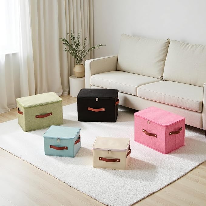 3PCS Storage Bins Boxes with Zippered Lids Cotton Linen Fabric Decorative Basket PU Leather Handles PP Plastic Board Foldable Lidded Shelf Closet Organizer Container (Light Green, Large)