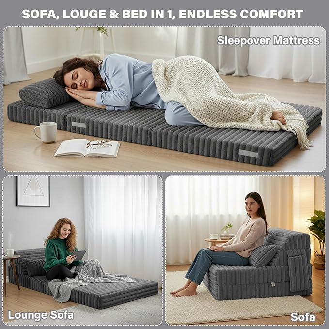 Tiita Folding Sofa Bed Twin Size, Convertible Sleeper Chair Mattress with Pillow, Thick Corduroy Floor Mattress Couch Bed with Side Pocket, Guest Room, Dorm, Apartment, Grey