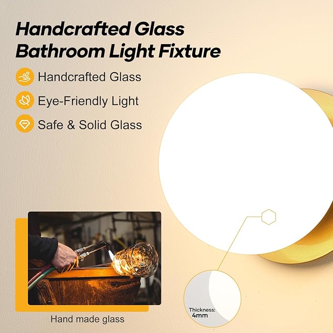 1 Pack Gold Wall Sconce, Modern Bathroom Sconce with Milky Globe Glass, Wall Light for Bathroom Mirror, Living Room, Hallway (Bulb Not Included)