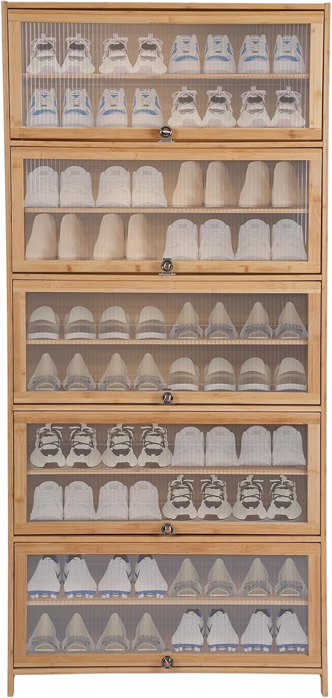 10 Tiers Bamboo Shoe Cabinet with Flip Doors, Large Freestanding Shoe Rack for Entryway, Shoe Shelves Organizer for Closet Hallway Bedroom
