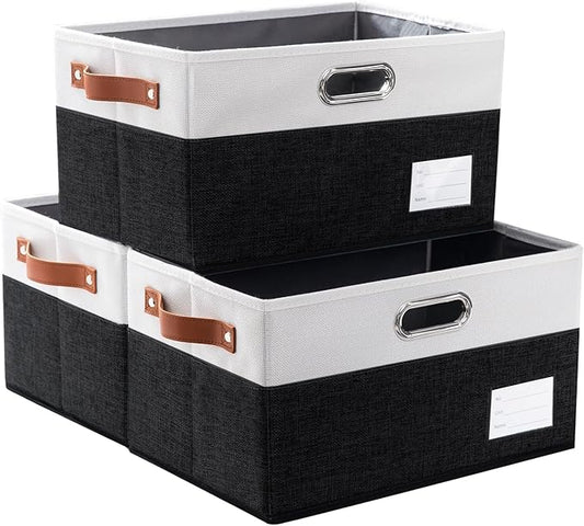 PRANDOM Larger Foldable Storage Bins with Handles [3-Pack] Fabric Collapsible Storage Boxes Baskets Cubes Containers with Handles for Closet Living Room Bedroom (Black & White 17.3x12.2x10.4')