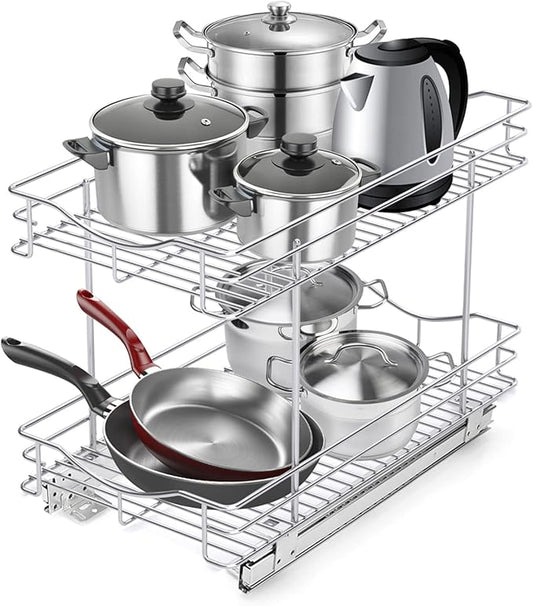 Fulgente Chrome Finish Pull Out Drawer Cabinet Organizer, Professional Wire Frame 2 Tier Heavy Duty Slide Out Kitchen Cabinet Storage Shelves, Sliding Drawer for Cabinet 11"W x 21"D