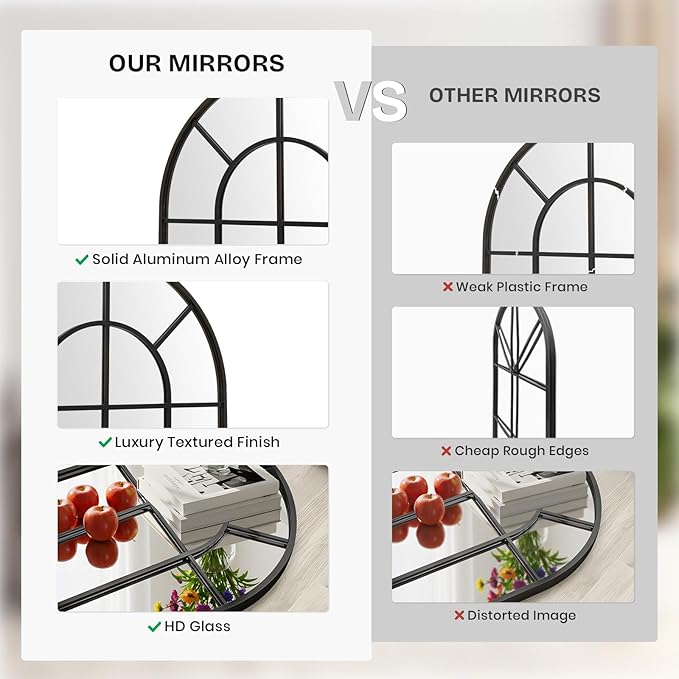 Arched Windowpane Mirror Full Length 65"x24" Wall Mounted Black Art Pane Farmhouse Decorative Floor Mirror Leaning Hanging Wall Mirror for Bedroom Living Room Entrance