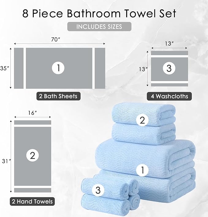 8 Piece Bath Towel Set Blue — 2 Oversized Large Bath Sheet,2 Hand Towels,4 Washcloths — Ultra Soft Cozy Bath Towel Set for Bathroom Hotel Gym Spa,Highly Absorbent & Quick Dry Bathroom Towel Collections
