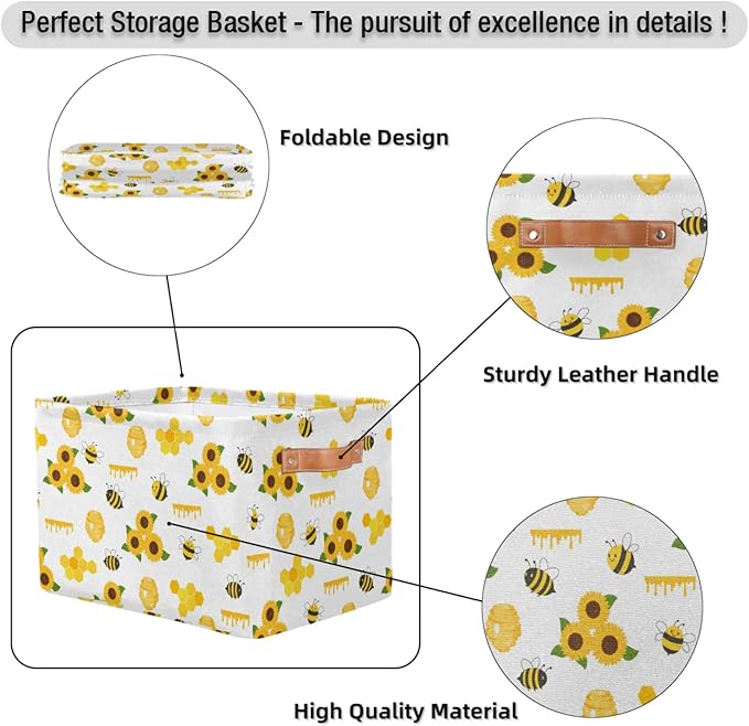 Rectangle Storage Baskets for Organizing - Foldable Storage Bin Cubes with Handles, Large Organizer Bins Boxes Toy Closet Shelf Nursery Laundry Basket, 1 Pcs(Bee Sunflower)