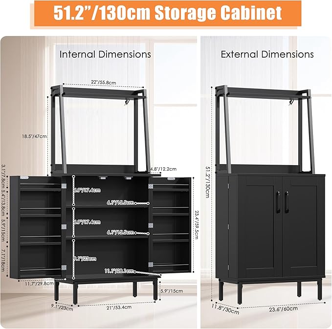 51” Pantry Cabinets with Microwave Shelves, Small Kitchen Pantry Storage Cabinet with Adjustable Shelves, Freestanding Buffet Cupboards Sideboard for Kitchen, Dining Room, Living Room Use (Black)