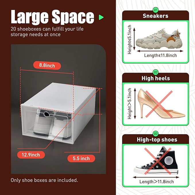20 Pack Shoe Storage Boxes, Shoe Boxes Clear Plastic Stackable Shoe Organizer, Foldable Shoe Rack, Angel White | Space-Saving Home & Office Organizatio (20)