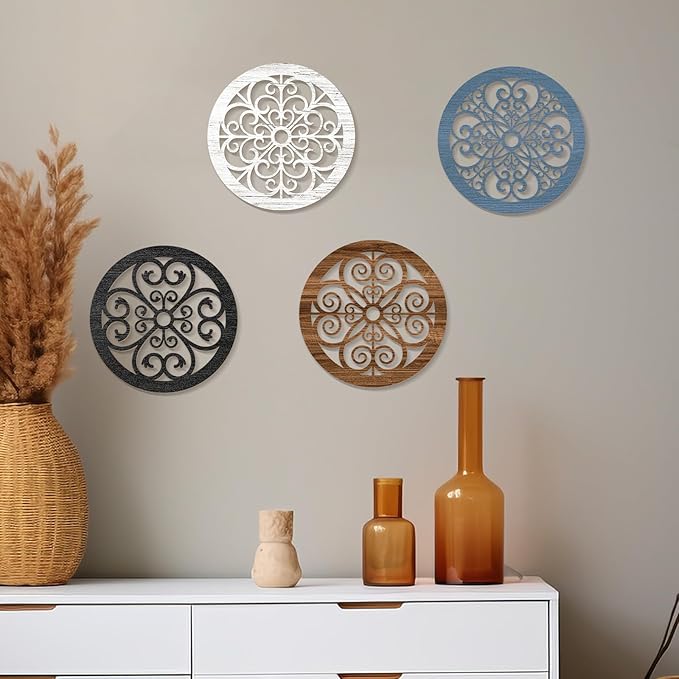Zzbakress 4 Pieces Farmhouse Wall Decor Rustic Circle Wall Decor Wooden Hollow Carved Round Wall Art for Living Room Bedroom Kitchen Bathroom Home Wall Decoration (Delicate, Colorful)