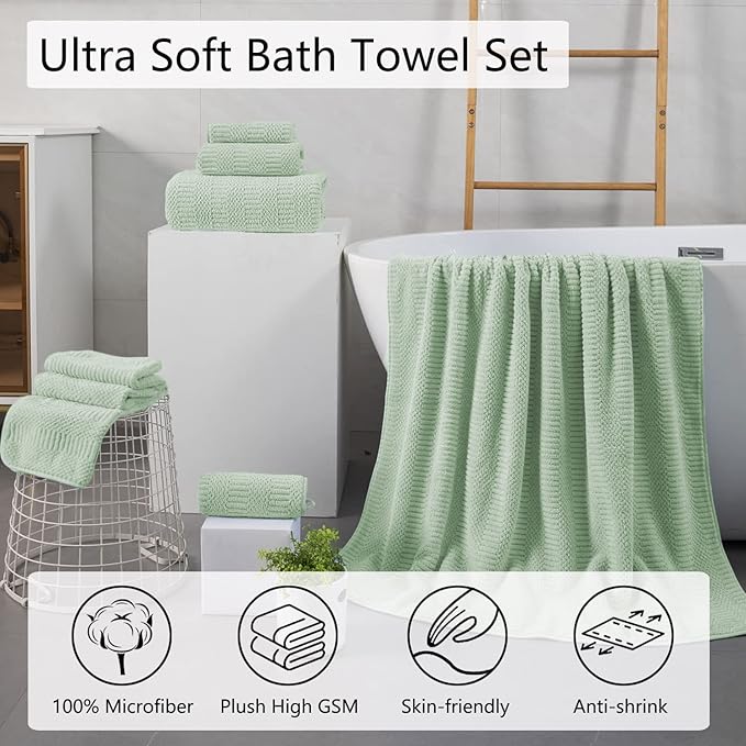 Oliven 4 Pcs Green Large Bath Towel Set 35"x70" Extra Large Bath Sheets Oversized Jumbo Towels for Bathroom 600GSM Soft Highly Absorbent Quick Dry Beach Chair Towel Woven Towels for Hotel and Spa