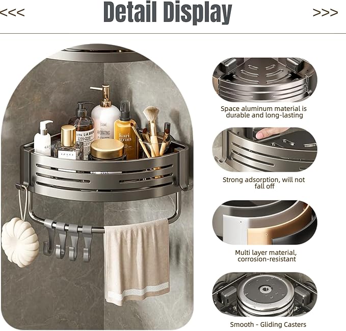 2Pcs Corner Shower Shelf Caddy Suction Cup, No Drill Hole with Towel Bar and Hook, Gray Bathroom Storage Rack, Zero Drill Triangle Shelves, Store Toiletries and Bath Towel for Bathroom Kitchen RV