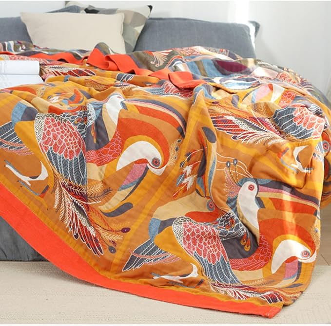 SANACYNA Muslin Throw Blanket Oriole Birds 100% Cotton 6-Layer Gauze Bed Blanket Lightweight Soft Breathable Blanket for Sofa Bed Coverlet Both Sides (B-Yellow Bird, 80 x 90 in)