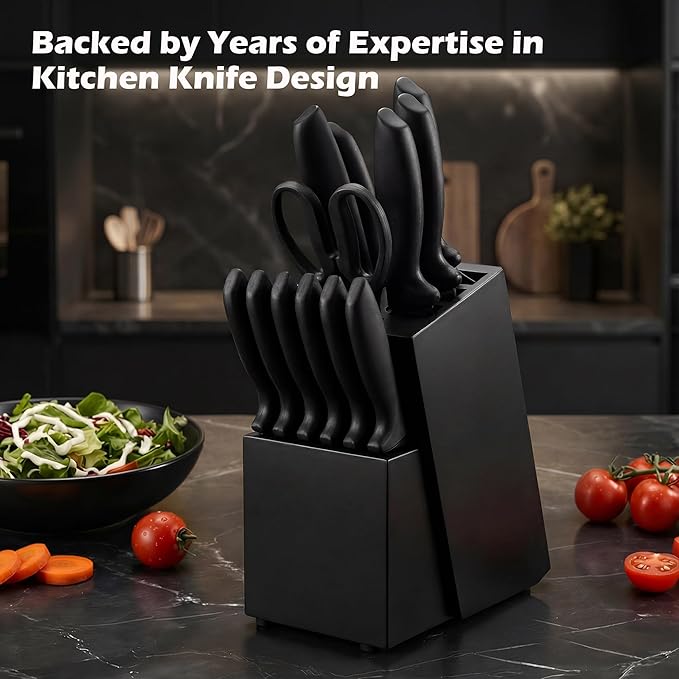 Knife Set, KroWallu 16 Pieces Knife Sets for Kitchen with Block, Dishwasher Safe Kitchen Knife Set with Built-in Sharpener, Japanese Stainless Steel Black Knife Block Set