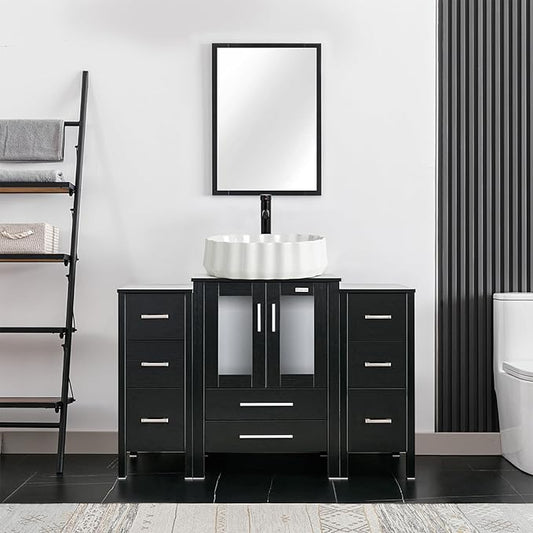 eclife 48" Modern Bathroom Vanity Sink Combo Freestanding Cabinet with Small Side Cabinet, White Shell Ceramic Vessel Sink, Water Save Faucet, Drain (Black+T54)