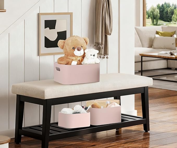 HofferRuffer Faux Leather Storage Baskets Bins with Velvet Lining for Organizing, Storage, Gifts, Set of 3 Nesting Shelf Baskets Decorative Storage Boxes for Home Organization (Pink)