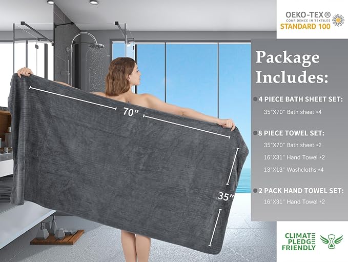 Extra Large Bath Sheet Set of 4,Ultra Soft Fluffy Towel,35”x 70”Oversized Bath Towel Set,Premium Microfiber Bathroom Towel Set Highly Absorbent Quick Dry Shower Towel for Bathroom,Hotel,Spa(Grey)