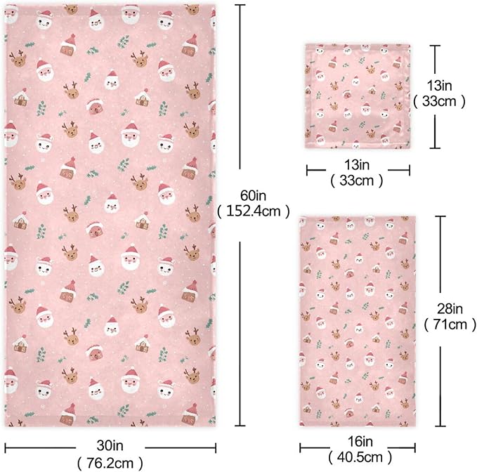 Christmas Winter Towels Set of 3 Christmas Symbol with Pink Bathroom Towel Soft Absorbent Bath Hand Towels Washcloth Guest Towel Sets Xmas Holiday Decor