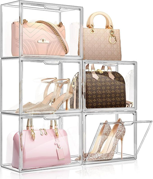 5 Packs Clear Handbag Storage Organizer for Closet, Purse Organizer Acrylic Display Case for Handbag, Stackable Storage Box with Magnetic Door for Wallet Book Toys Collectibles