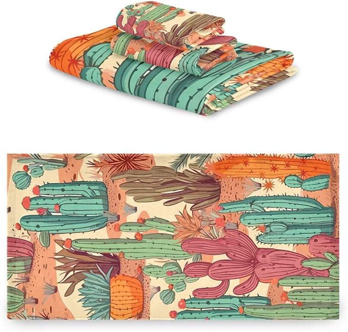 3 Piece Western Desert Cactus Bath Towels Set,Microfiber Absorbent Tropical Orange Green Succulent Towels for Bathroom,1 Bath Towel,1 Hand Towel,1 Washcloth,Decorative Guest Bathroom Towels
