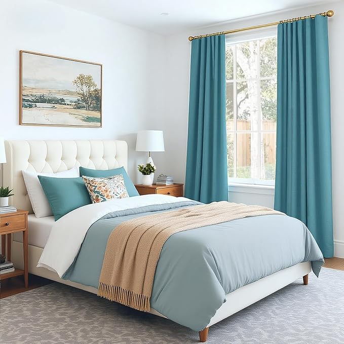 INOVADAY 100% Blackout Curtains for Bedroom, Black Out Curtains 96 Inch Long, Clip Rings Linen Blackout Drapes, Thermal Insulated Room Darkening for Living Room, 2 Panels - Teal,W50xL96