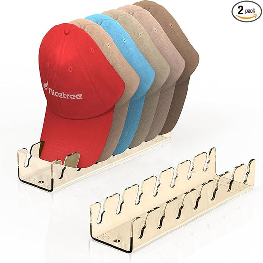 Nicetree Hat Organizer for Baseball Caps, 2 Pcs No Install Acrylic Hat Racks for 14 Baseball Caps Storage, Hat Stand for Caps Display and Organizer for Dresser, Bedroom, Closet, Office