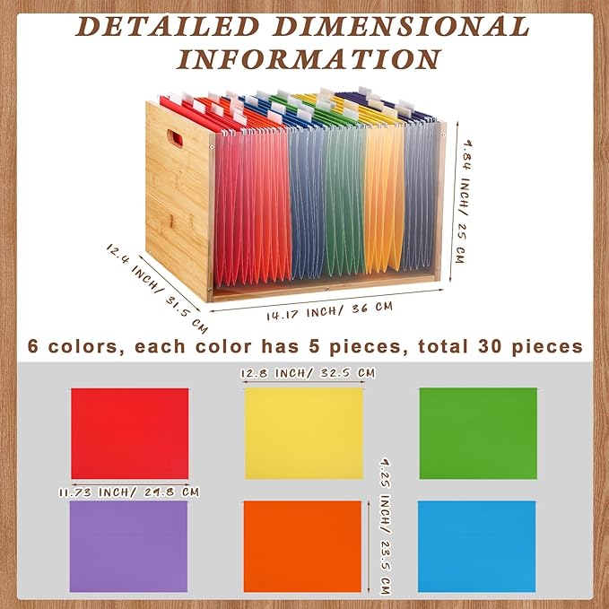 Clear Acrylic File Box Hanging File Organizer with 30 Pcs Hanging File Folders Bamboo Hanging Folder Storage Filing Crate Bin Holder with Handle for Home Office Desk Letter Size