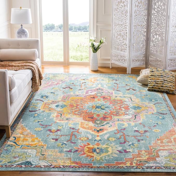 SAFAVIEH Crystal Collection Area Rug - 10' x 14', Teal & Orange, Medallion Distressed Design, Non-Shedding & Easy Care, Ideal for High Traffic Areas in Living Room, Bedroom (CRS501J)