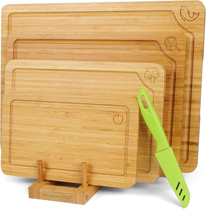 WILLKOMMEN 4-Piece Bamboo Cutting Boards for Kitchen, Chopping Board Set with Food Icon (Meat, Fish, Vegetables, Fruits) Butcher Block with Stands, Handles & Juice Grooves (Small, Medium, Large, XL)