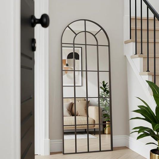 Arched Windowpane Mirror Full Length 65"x24" Wall Mounted Bronze Art Pane Farmhouse Decorative Floor Mirror Leaning Hanging Wall Mirror for Bedroom Living Room Entrance