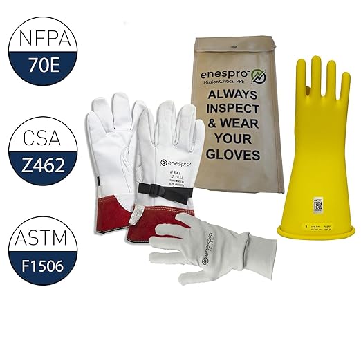Enespro Class 2 Yellow Rubber Voltage Insulating Glove Premium Kit with FR Knit Glove and Leather Protectors, Max. Use Voltage 17,000V AC/ 25,500V DC, KITGC2Y08AG