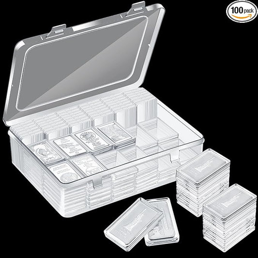 Batiyeer 100 Pcs 1 oz Silver Bar Case Holder Clear Acrylic Bar Capsule Storage Container for 1 Ounce Holder with Plastic Storage Box for Collectors Investors
