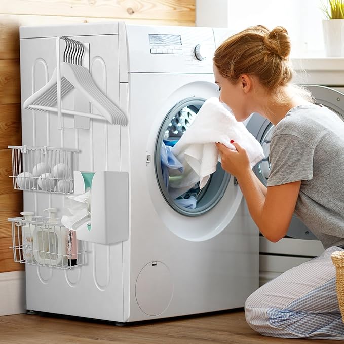 Vicenpal 4 Pcs Magnetic Laundry Storage Sets Including Drying Ball Holders, Magnetic Dryer Sheet Holder, Lint Bin for Laundry Room, Hanger Organizer and Bathroom Trays for Household Organization