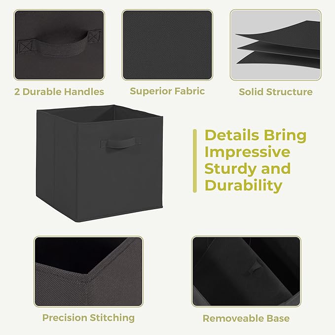 11x11 Storage Bins, Set of 8 Storage Cubes, Collapsible Cube Storage Box, Fabric Closet Organizers with Handles for Home, Office, Closet Shelf Cabinet, Bookcase, Black