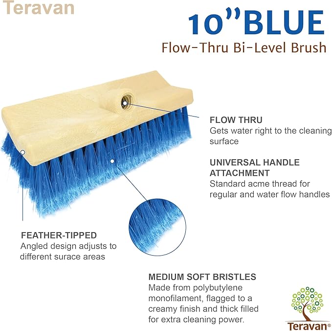 Teravan 10" Flow-Thru Bi-Level Wide Scrub Brush with Medium Soft Bristles, Wash Brush for Cleaning Car, Truck, RV, Van, Window, Deck, Solar Panel and House Cleaning (Blue)