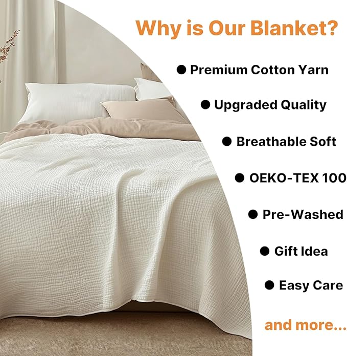 Muslin Blanket 100% Cotton Blanket Throw 60”x80”, Lightweight Breathable Summer Throw. Supersoft 4-Layer Gauze Throw Blanket for Sofa, Couch, Bed, All-Season Use, Ivory