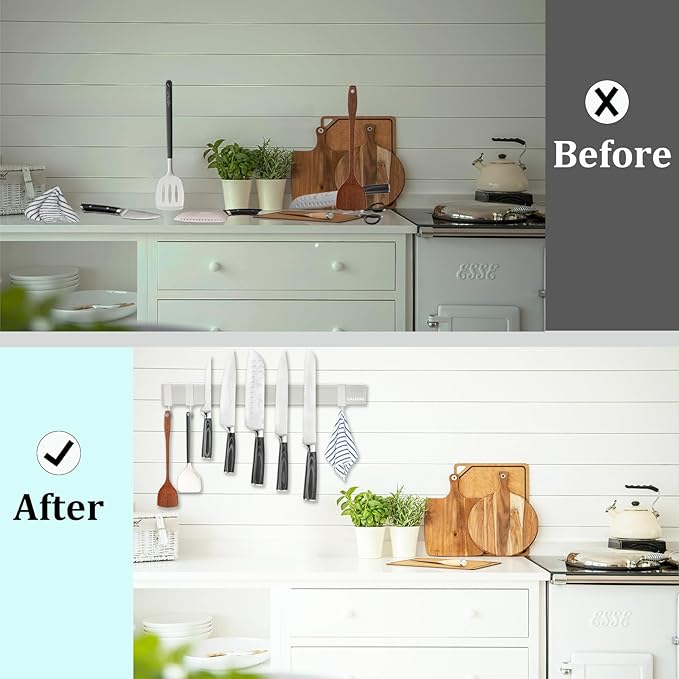 Magnetic Knife Holder for wall, 16 Inch Knife Magnetic Strip with 3 Hooks, Stainless Steel Knife Holder Magnet Rack for Kitchen Organizer, Mount with Adhesive or Screws