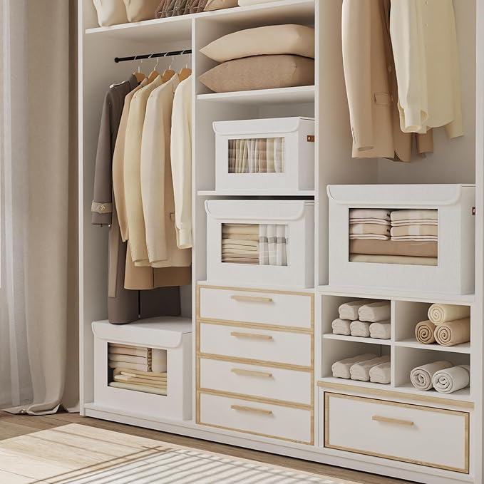 Linen Storage Bins with Lids, Storage Boxes for Shelves with Handles, Closet Organizers for Sock Hat Blanket, 17.7 x 11.8 x 11.8 Inch, White, 5-Pack