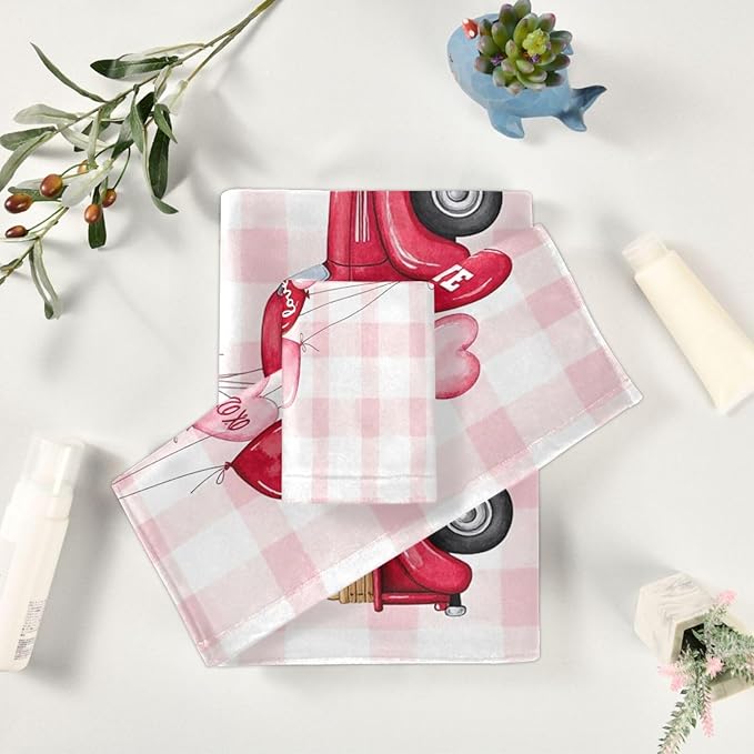 Pink Heart Truck Plaid Towels Set of 3 Romantic Love Car with Ballon Spring Bathroom Towel Soft Absorbent Bath Hand Towels Washcloth Guest Towel Sets Mother's ValentineDecorations