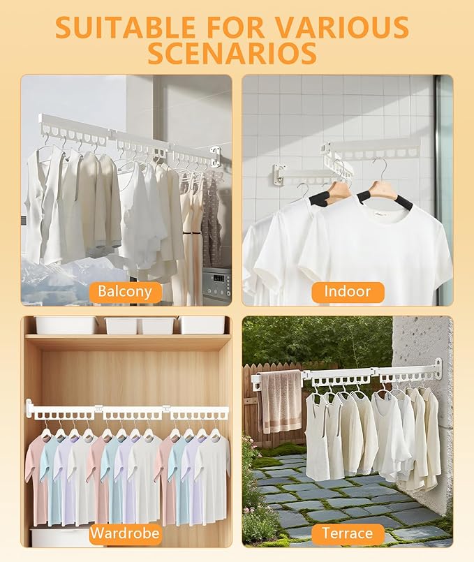 Clothes Drying Rack Laundry Space Saver Wall Mounted, Retractable, Collapsible(Tri-Fold), White Color Rack Clothing (with Screws)