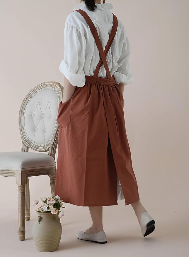 VLZUFE Women Cotton Linen Cross Back Apron with Pockets for Gardening Works Pinafore Dress