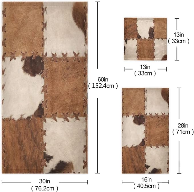 3 Piece Brown Cow Print Bath Towels Set,Microfiber Absorbent Farmhouse Cowhide Western Animal Skin Print Towels for Bathroom,1 Bath Towel,1 Hand Towel,1 Washcloth,Decorative Bathroom Towels