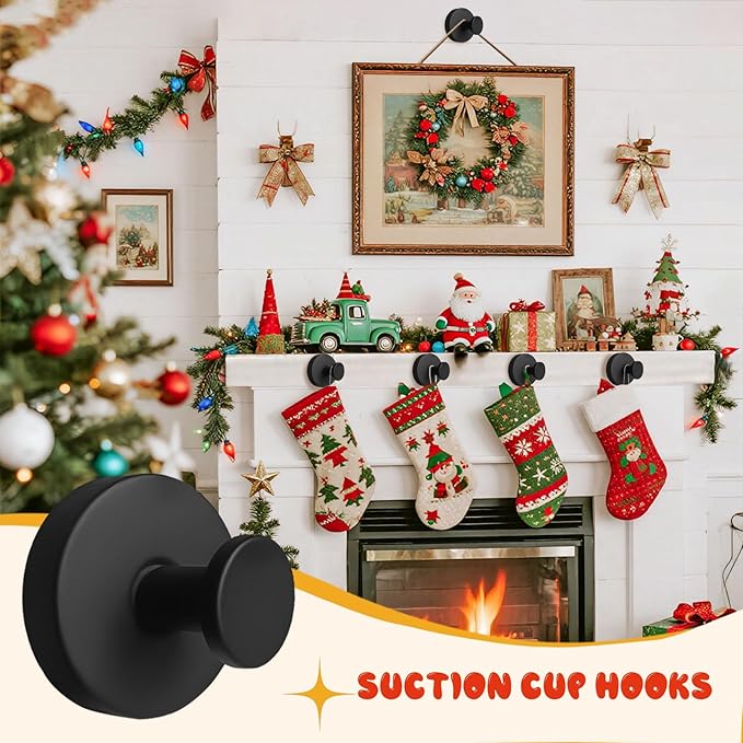 4Pcs Suction Cup Hooks, Suction Cup Hooks for Shower,Removable Towel Hooks for Bathroom Window Glass Door Wall, Bath Robe Looafh Wreath Hook for Hanging (Black)