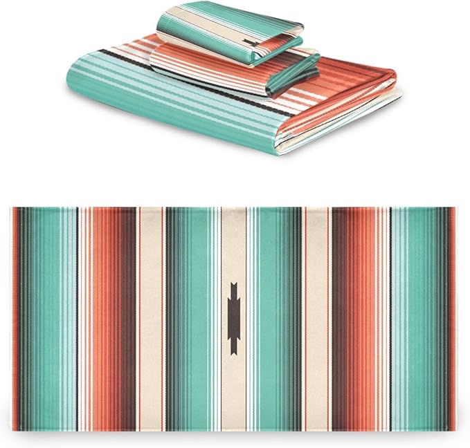 3 Piece Mexican Serape Bath Towel Set,Microfiber Decorative Turquoise Navajo Ethnic Colorful Striped Mexican Bathroom Towels,1 Bath Towel 1 Hand Towel for Bathroom Kitchen,1 Washcloth for Face
