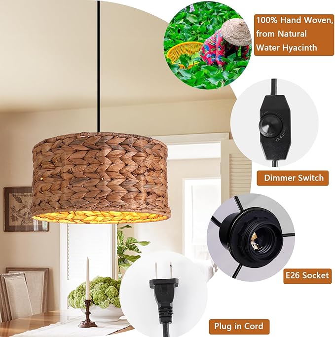 HuisMier Rattan Plug in Pendant Light with 15 Ft Plug in Cord, Wicker Woven Lampshade Hanging Lamp with Dimmable Switch, Plug in Boho Hangiing Light Fixture for Kitchen Island Bedroom Dinning Room