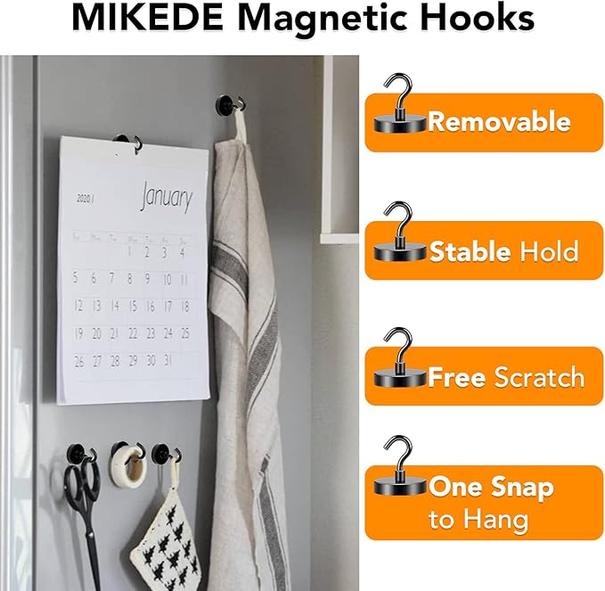 MIKEDE Magnetic Hooks Heavy Duty, 120LB+ Strong Magnet Hooks for Cruise Essentials, Neodymium Earth Magnet Hook for Hanging, Magnetic Metal Hanger for Cruise Cabins, Fridge, Toolbox, Storage - 4 Pack